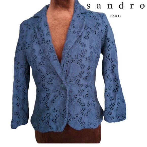 - Sandro navy Cotton eyelet embroidered Cropped blazer size S 3/4 sleeves - Picture 1 of 7